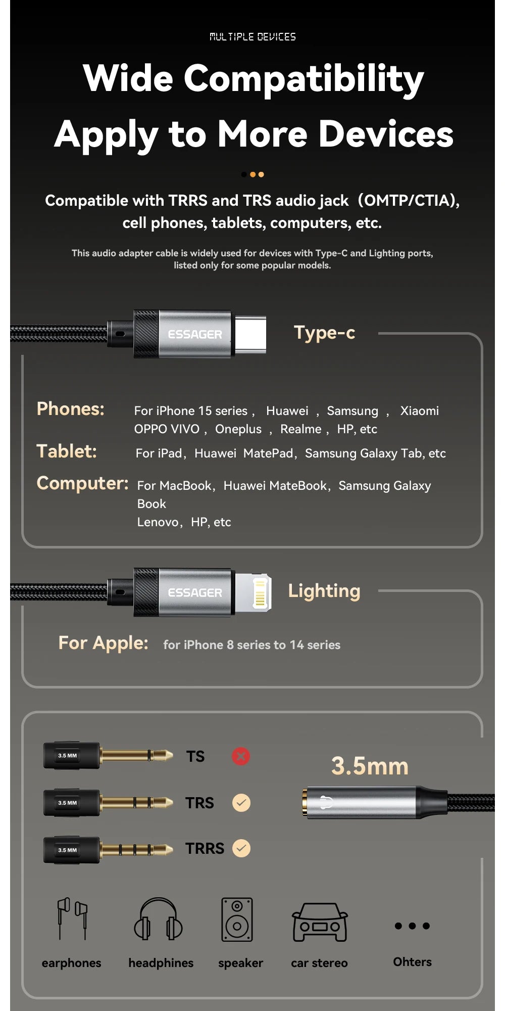 Essager Lightning to 3.5mm jack Audio Adapter Headphone Aux Cable USB Type C to 3.5 Adapter OTG Type C For iphone Xiaomi Oneplus