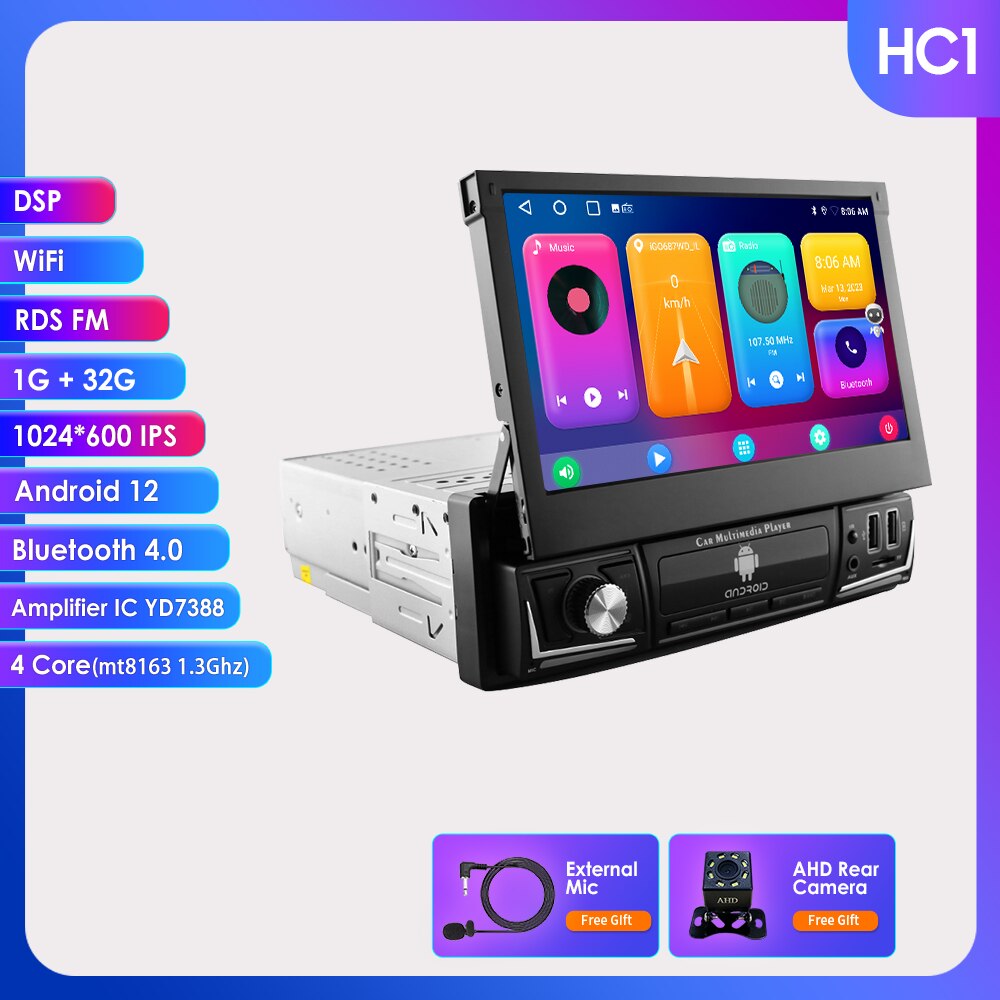 Hizpo Android 12 Universal 1din Autoradio, CarPlay GPS Navigation, Multimedia Player 1 Din Stereo 7 Zoll manuell einziehbarer Bildschirm