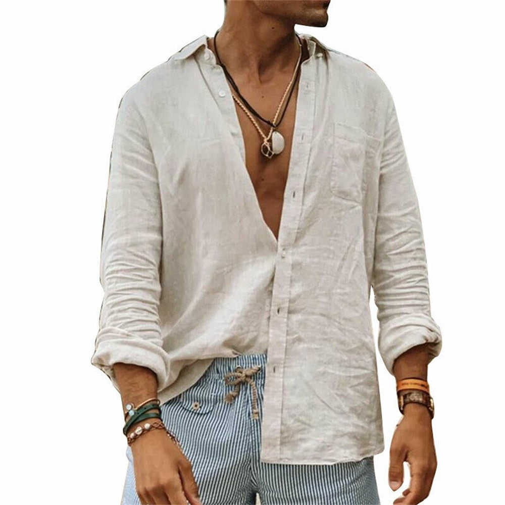 Einfarbig Herren Casual Baumwolle Leinen Shirts-Stehkragen, Frühling - Herbst Shirts mit langen Ärmel