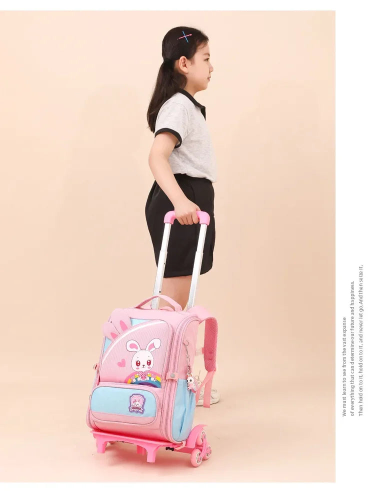 Children's Fashion Cartoon School Bags with 6 Wheels Trolley Backpack Teenagers Girls Rolling Backpack Students Kids Backpack