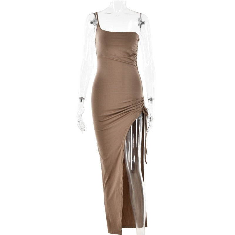 One-Shoulder-Riemen-Oberschenkel-hohes, geteiltes Maxikleid für Frauen, ärmellos, rückenfrei, figurbetont, sexy Club-Party, langes Kleid