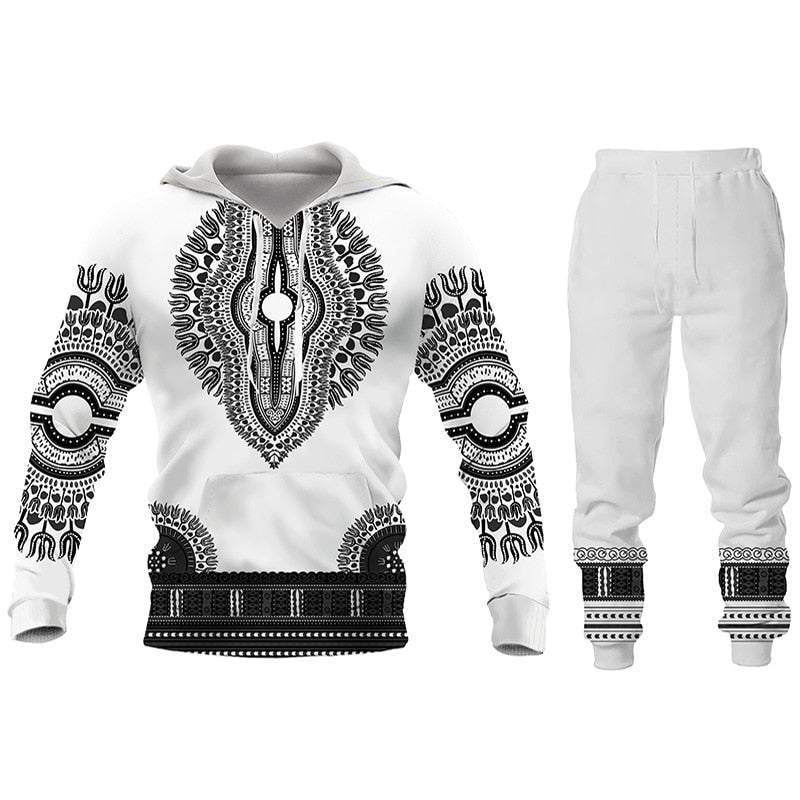 Herren 3D Druck Folk Hoodies Hosen, 2 Stück Sets Herren Freizeitanzug, Langarm Ethnischen Stil Afrikanische Kleidung