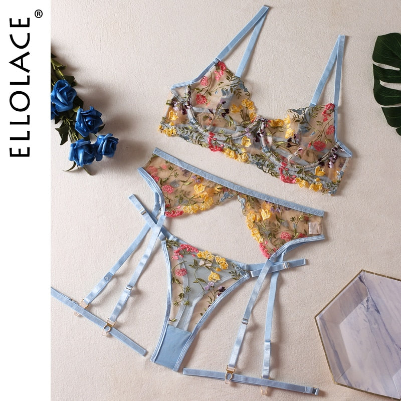 Ellolace Dessous, sinnliche Spitzenunterwäsche, transparente Stickerei, 3-teilige Strumpfbänder