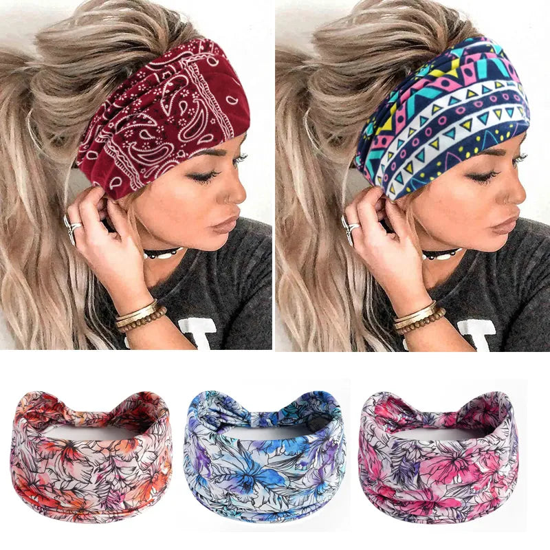 Baumvolle Blumendruck Breite Stirnbänder, Vintage Knoten elastischer Turban Headwrap für Frauen & Mädchen
