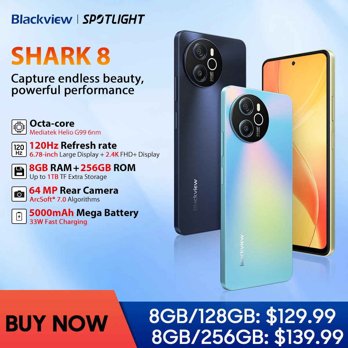 Blackview SHARK 8 Smartphone Android13 G99 Mobile Phone 6.78'' 120Hz 2.4K Display 8GB+8GB RAM, 128GB/256GB ROM 64MP, 2 SIM Card