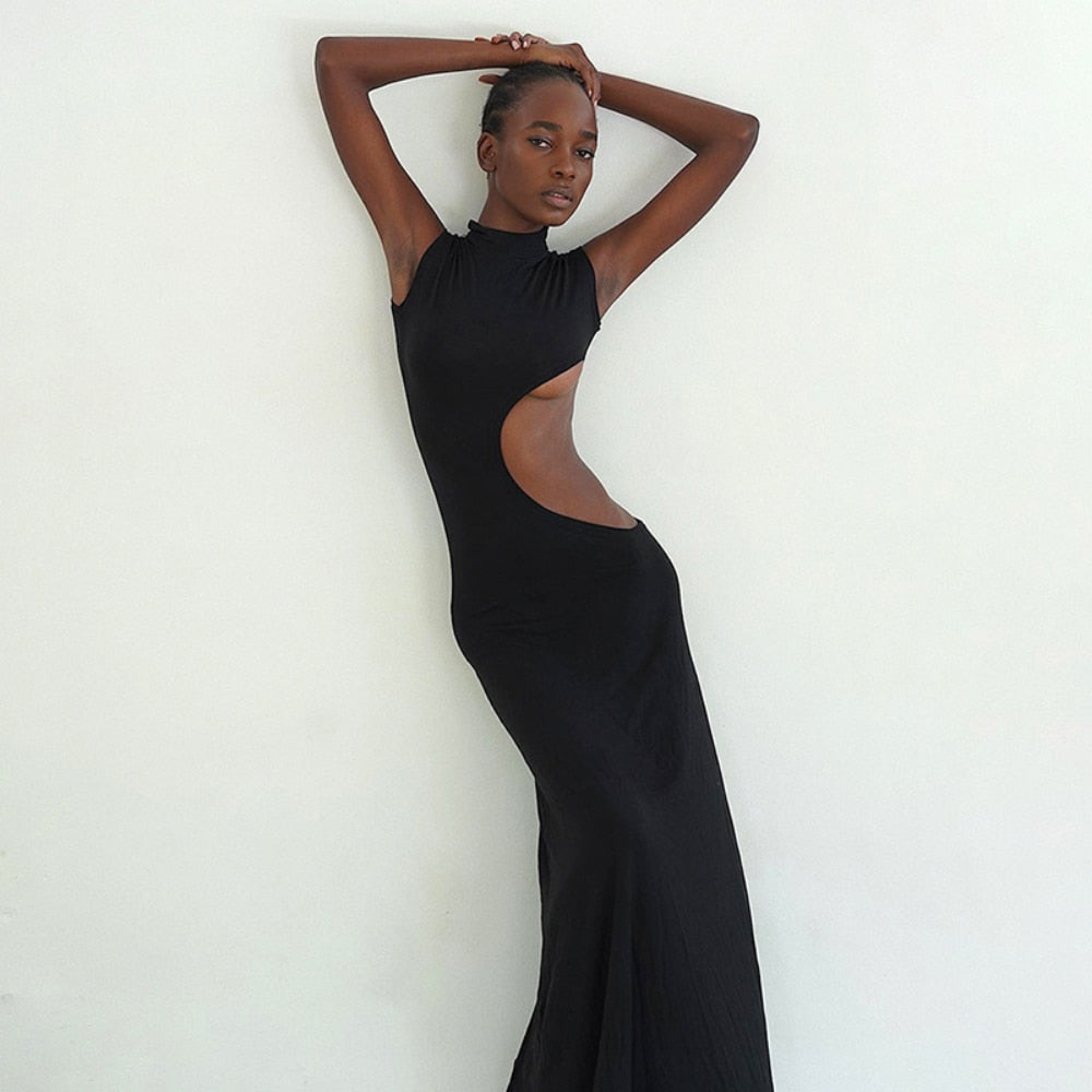 Damen Schwarz Aushöhlen langes Sommerkleid, Sexy Ärmel, Figurbetontes Maxi Abend Partykleid