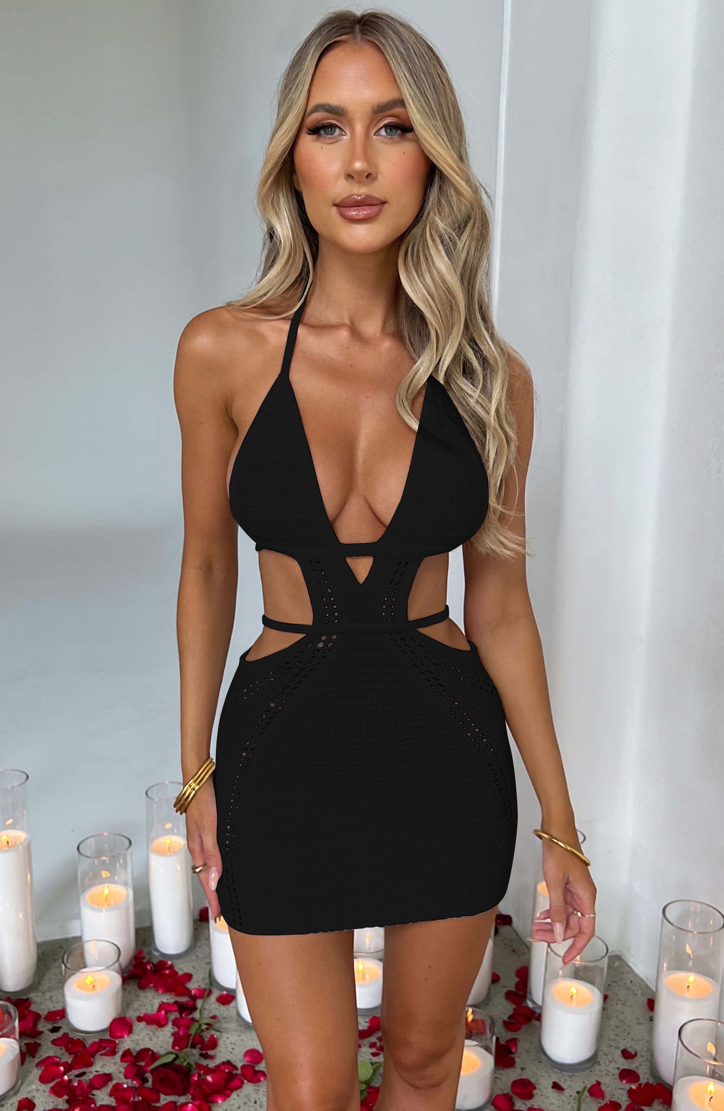 Aushöhlen Halter, Damen Sexy Mini Sommerkleid, Ärmellose Backless Dünne Club Party Stricken