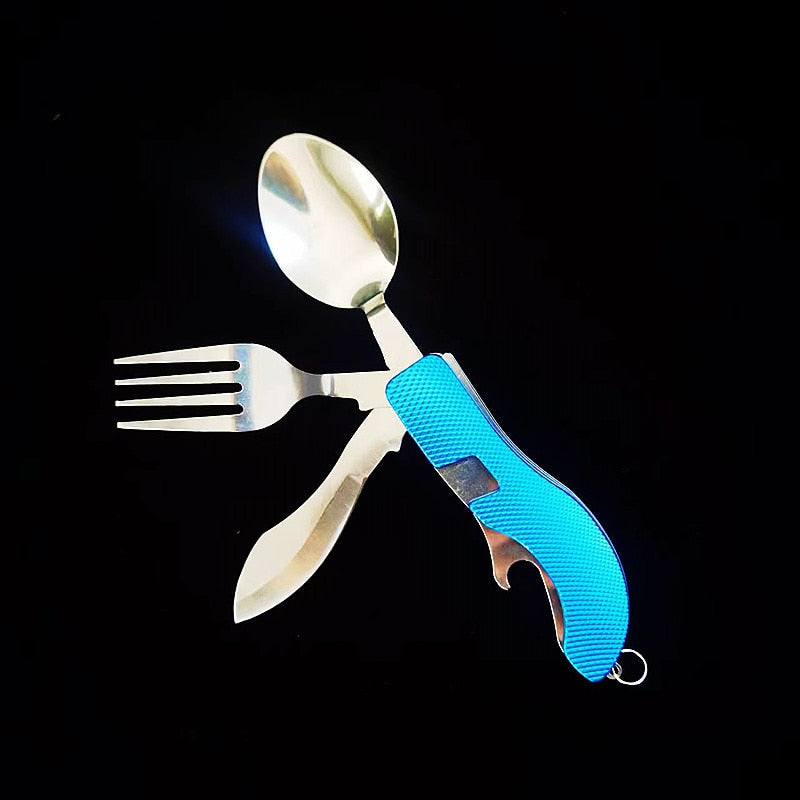 4 in 1 Multifunktionales Outdoor-Geschirr aus Edelstahl, faltbar, Gabel, Löffel, Messer, ideal für Picknick, Camping, Wandern, Reisen