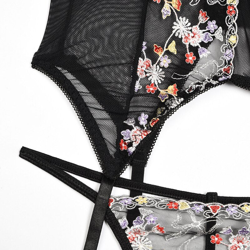 Frauen Sexy Mesh Korsett Dessous, Blumen Stickerei einteiliges Kleidungsstück, Damen G-string Body Unterwäsche mit Strumpfbänder
