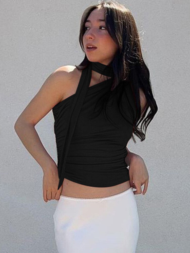 Backless Sexy Off Schulter Halter Tank Tops, Damen Vintage Ärmel Crop Top Y2K Kleidung