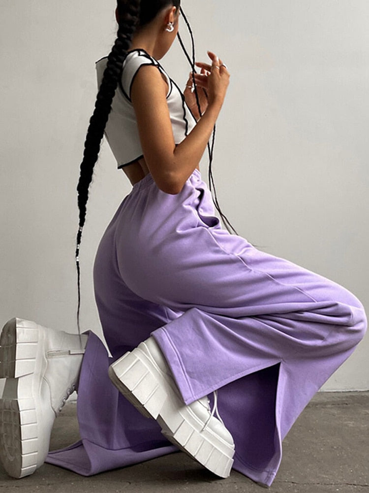 Damen Breite Bein Hosen für den Sommer & Frühling, Lose Jogginghose Chic Split Hohe Taille