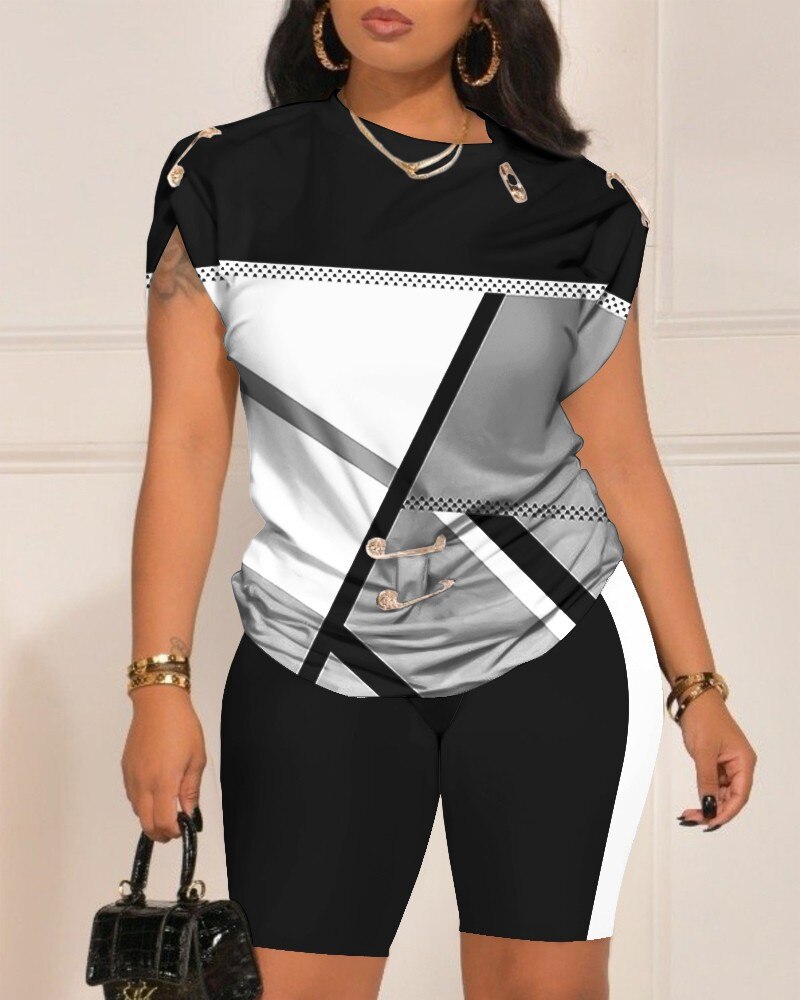 Damen Casual Rundhals Kurzarm T-shirt, Mode Druck in Zwei Stück Anzug-Set