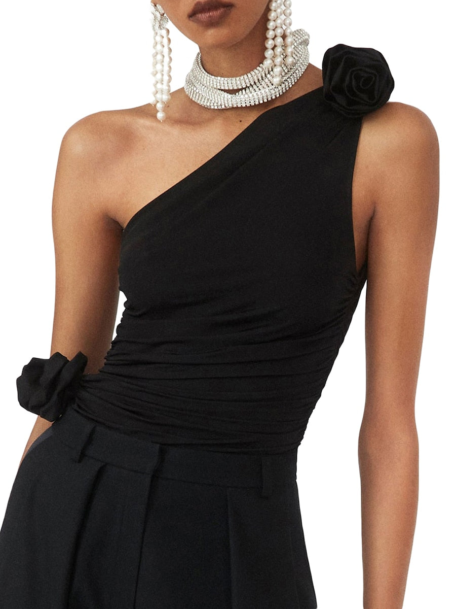 Halter Schulter Tank Tops für Frauen, Sommer Sexy Ärmellose 3D Rosette Geraffte Tops, Elastische Baumwolle Weste Crop Tops