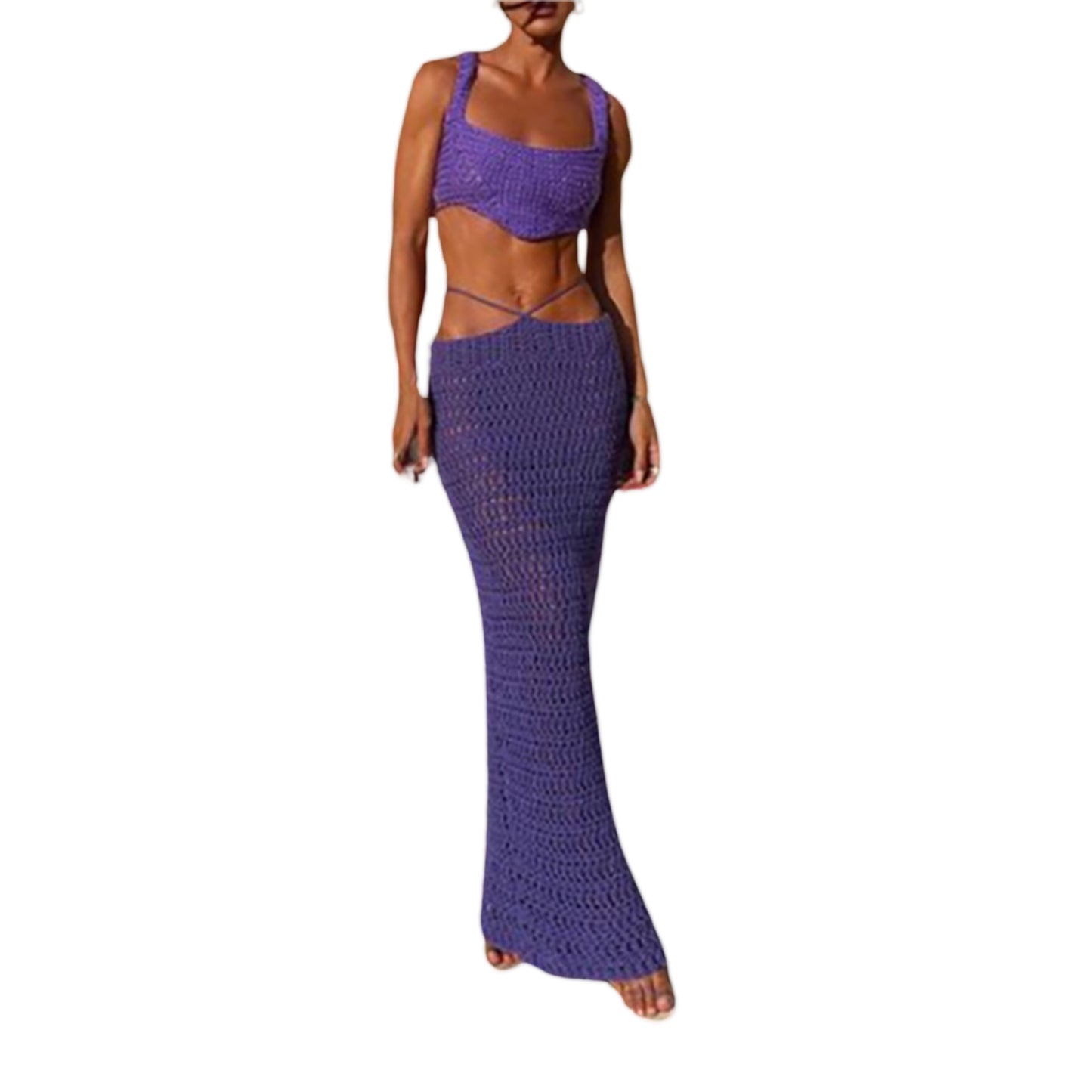 Zweiteilige Damen-Outfits, ärmellos, quadratischer Ausschnitt, rückenfrei, unregelmäßiger Saum, kurze Oberteile + langer Rock mit niedriger Taille