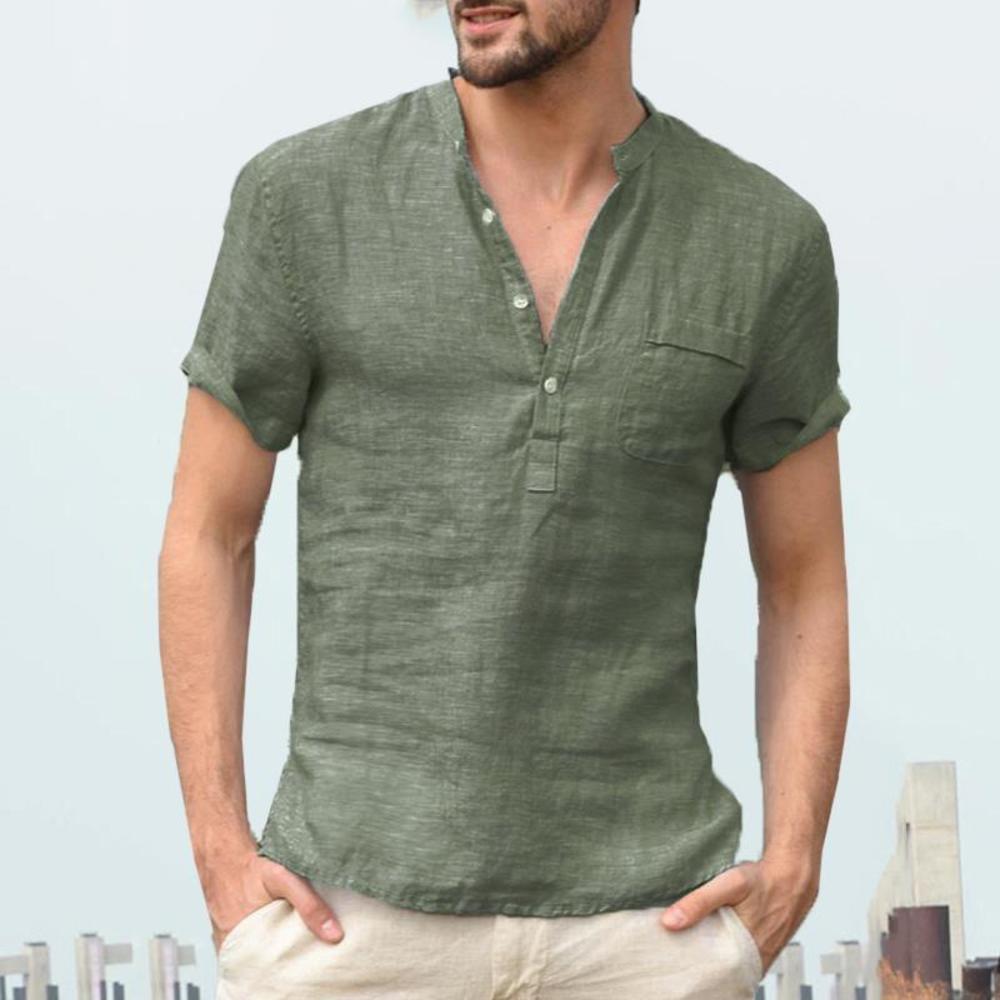 Einfarbig Herren Casual Baumwolle Leinen Shirts-Stehkragen, Frühling - Herbst Shirts mit langen Ärmel