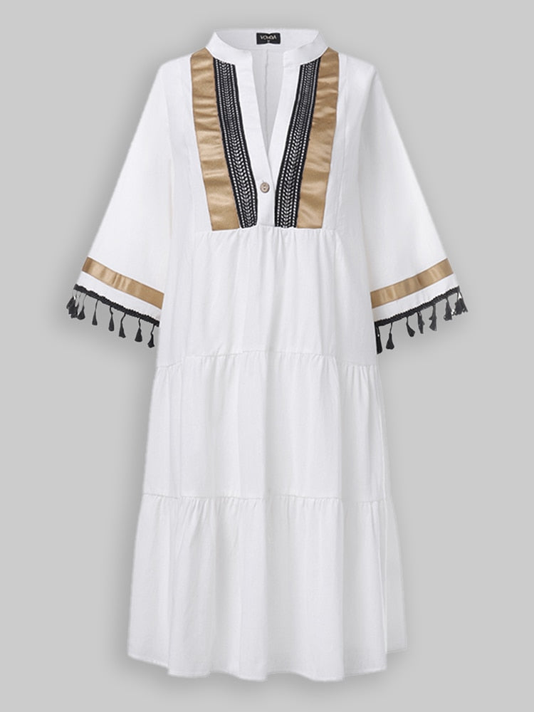 Sommer Strandkleid, Böhmisches Sommerkleid Vintage Print mit V-ausschnitt