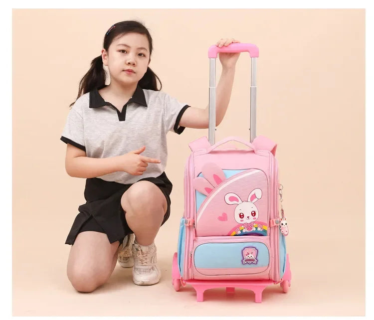 Children's Fashion Cartoon School Bags with 6 Wheels Trolley Backpack Teenagers Girls Rolling Backpack Students Kids Backpack