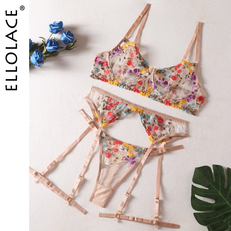 Ellolace Dessous, sinnliche Spitzenunterwäsche, transparente Stickerei, 3-teilige Strumpfbänder