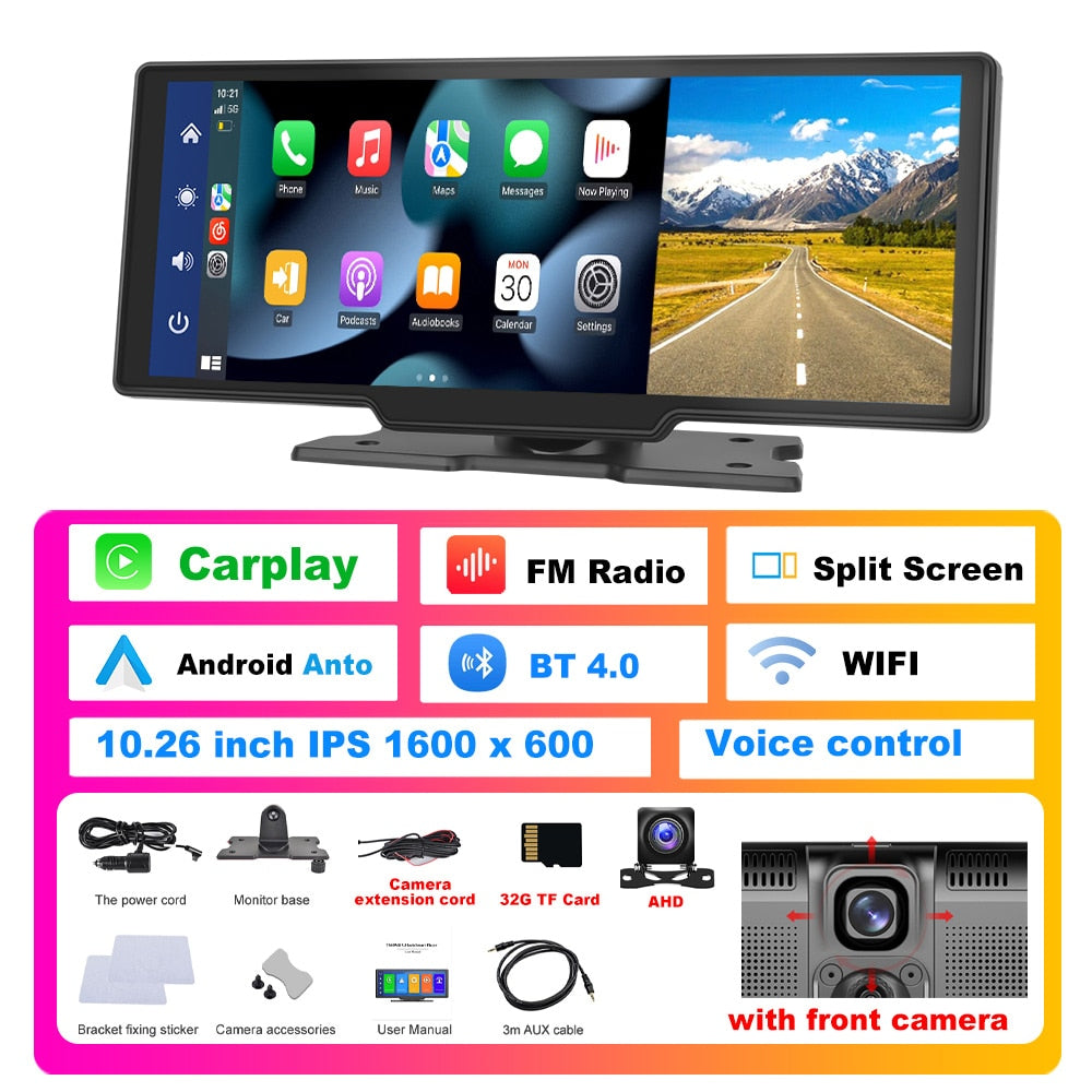 Podofo Autospiegel-Videoaufzeichnung Carplay, Android Auto Wireless-Verbindung GPS-Navigation Dashboard DVR mit AI Voice