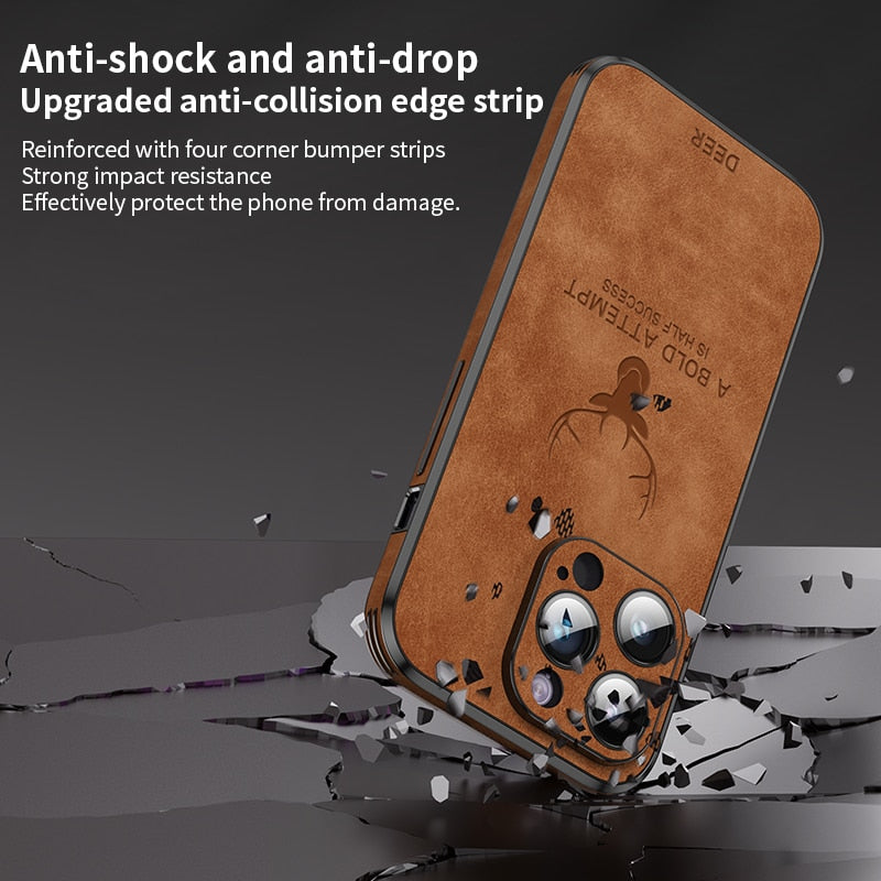 Luxus Hirsch Leder Telefon Fall Für iPhone 14, 13, 12 Pro Max Objektivglas Stoßfest Silikon Handy Abdeckung