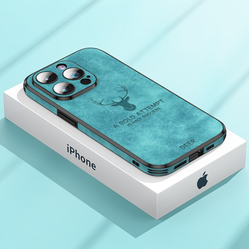 Luxus Hirsch Leder Telefon Fall Für iPhone 14, 13, 12 Pro Max Objektivglas Stoßfest Silikon Handy Abdeckung