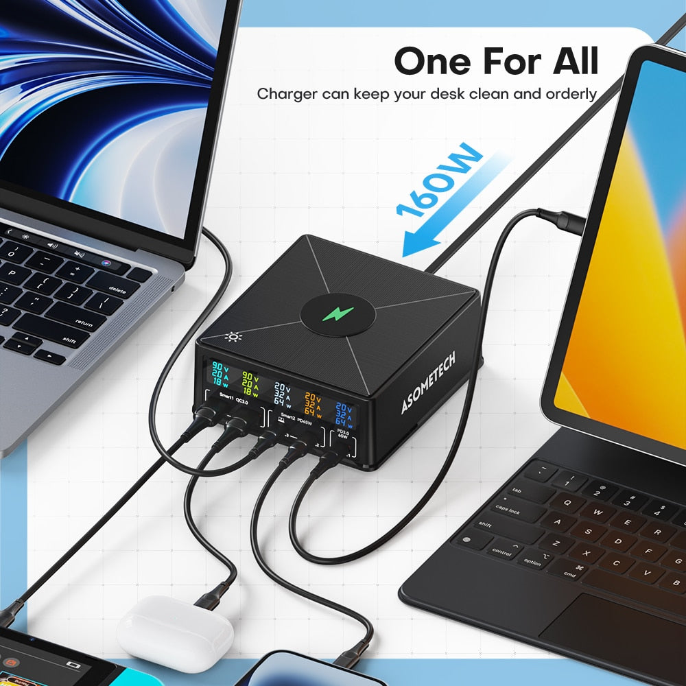 160W 5Port Ladestation USB-C PD65W QC3.0 Schnellladegerät mit separatem Display, 15W kabelloses Ladegerät für iPhone & Smartphone