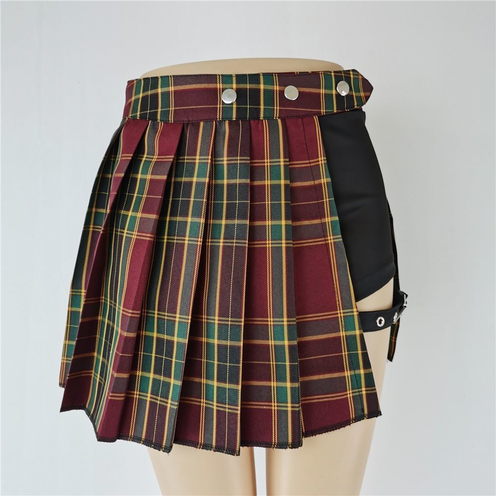 All Match Kurzer Rock, modisch, Tartan-Rot, Skarierter Rock mit seitlichen Knöpfen, lässiger Minirock für Damen