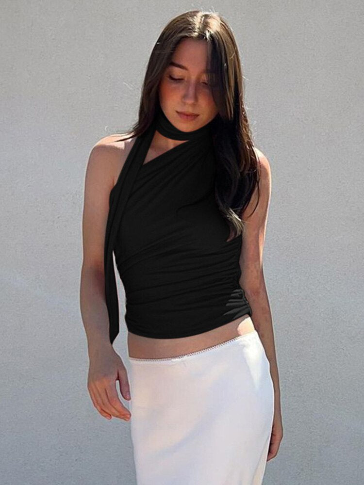 Backless Sexy Off Schulter Halter Tank Tops, Damen Vintage Ärmel Crop Top Y2K Kleidung