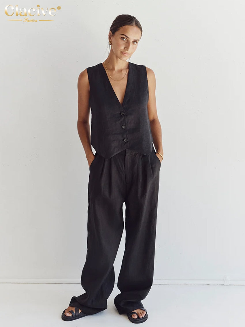 Zwei Stück Set Sommer Leinen für Frauen, 2023 Mode Ärmelloses Tank Top neu in Passenden Hohe Taille; Breite Hosen Set