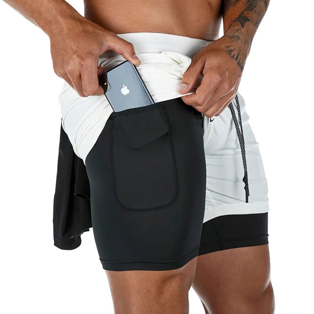 2 In 1 Doppel-deck Herren Laufshorts für Gym / Fitness, Training Jogging mit Handytasche