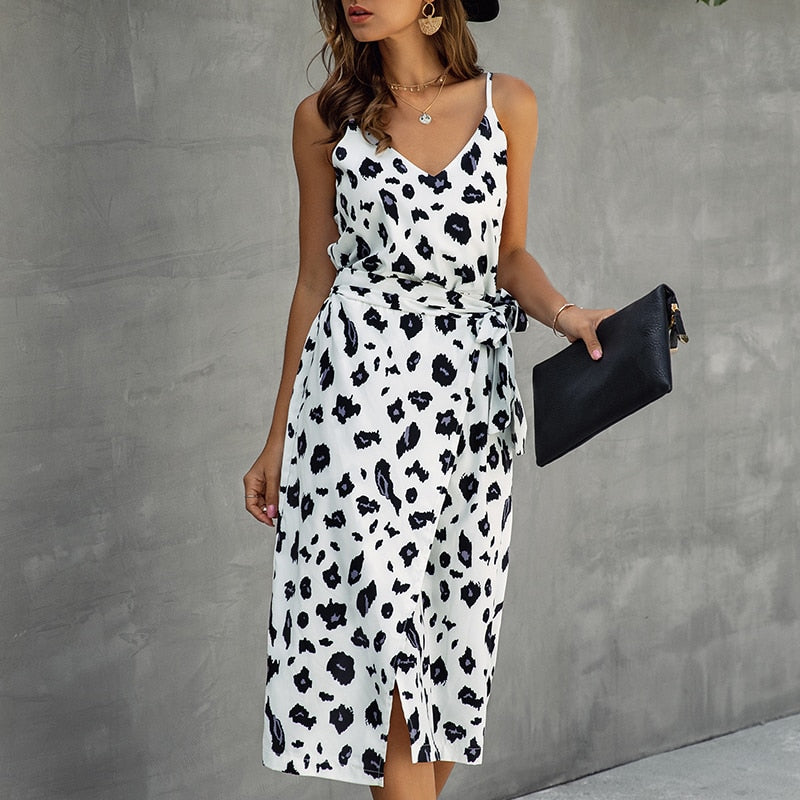 Leopard Print Damen Sommerkleid mit Sexy ärmellose Split