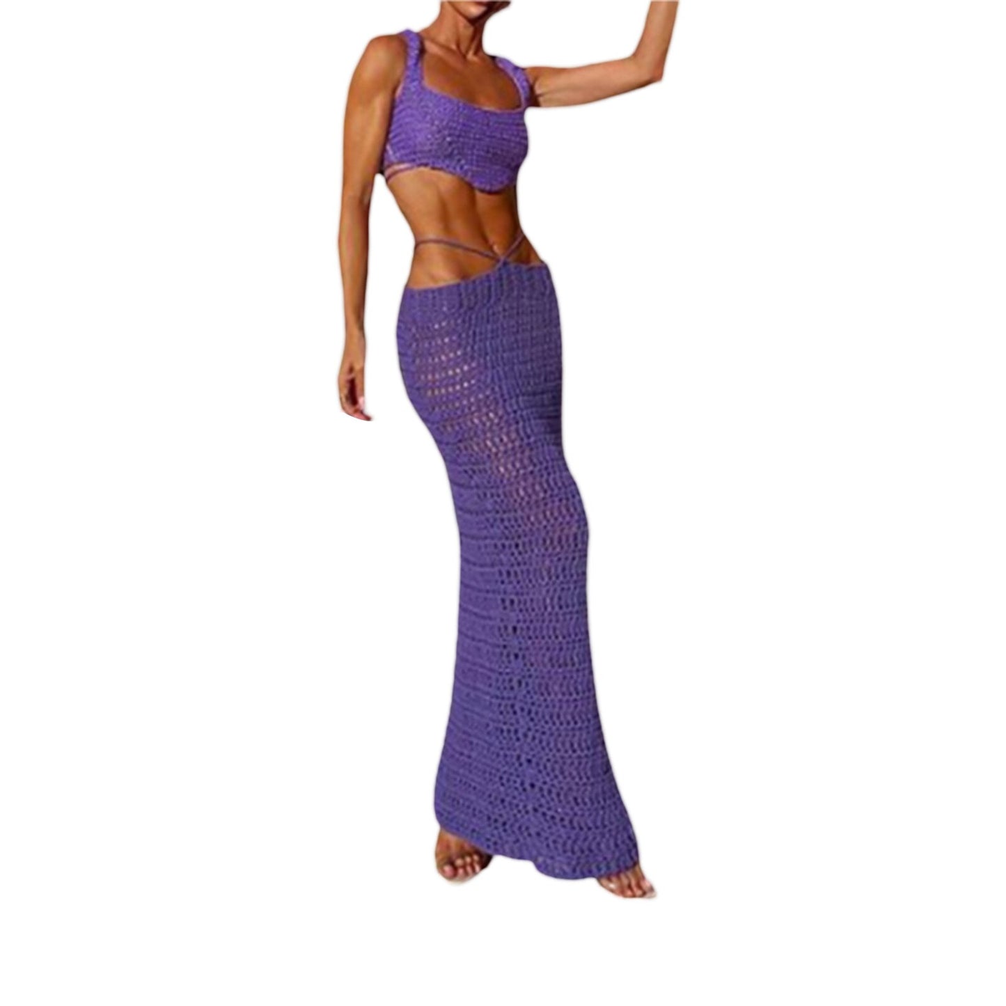 Zweiteilige Damen-Outfits, ärmellos, quadratischer Ausschnitt, rückenfrei, unregelmäßiger Saum, kurze Oberteile + langer Rock mit niedriger Taille