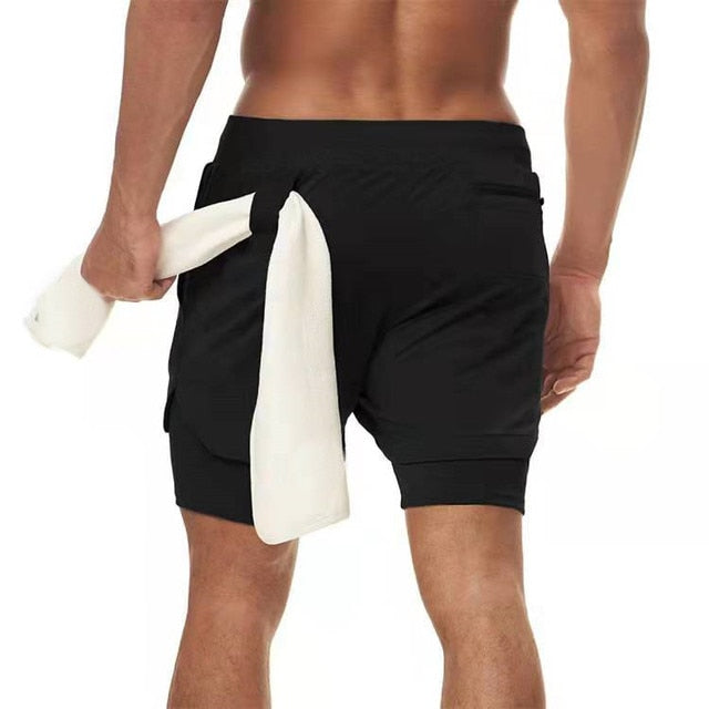 2 In 1 Doppel-deck Herren Laufshorts für Gym / Fitness, Training Jogging mit Handytasche