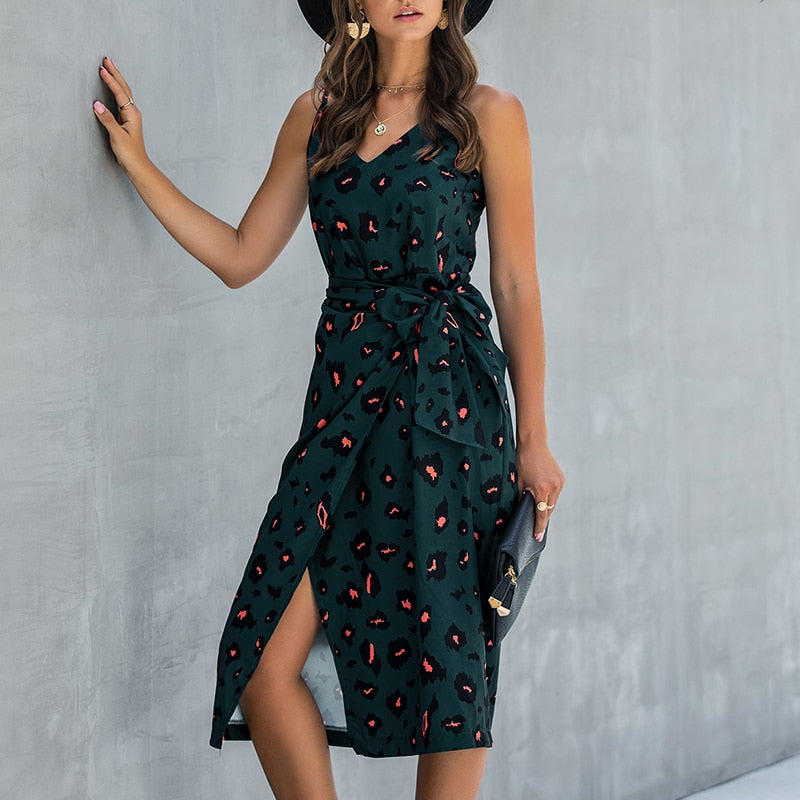 Leopard Print Damen Sommerkleid mit Sexy ärmellose Split