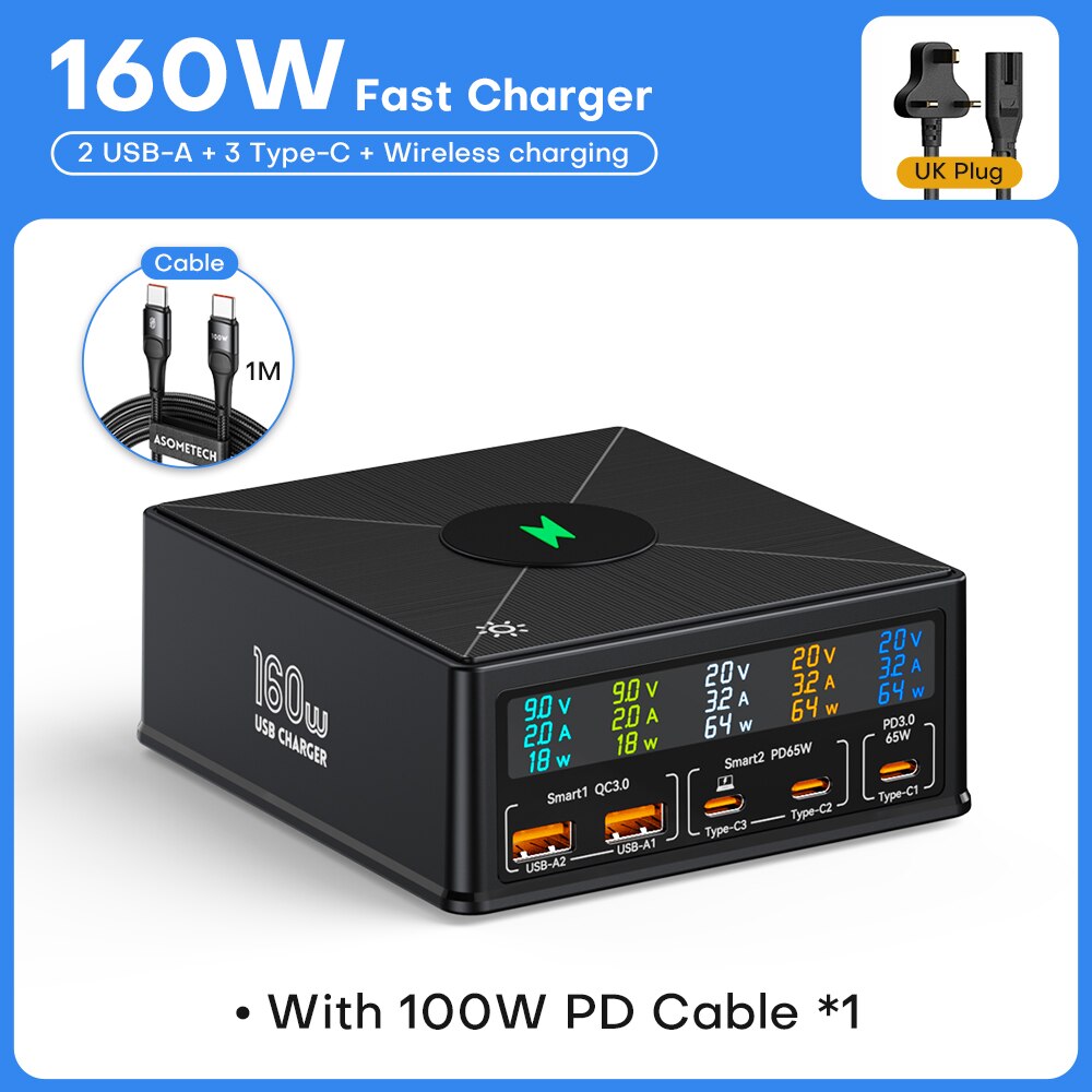 160W 5Port Ladestation USB-C PD65W QC3.0 Schnellladegerät mit separatem Display, 15W kabelloses Ladegerät für iPhone & Smartphone