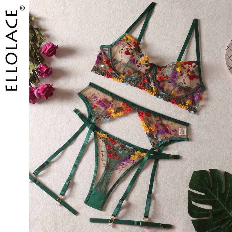Ellolace Dessous, sinnliche Spitzenunterwäsche, transparente Stickerei, 3-teilige Strumpfbänder