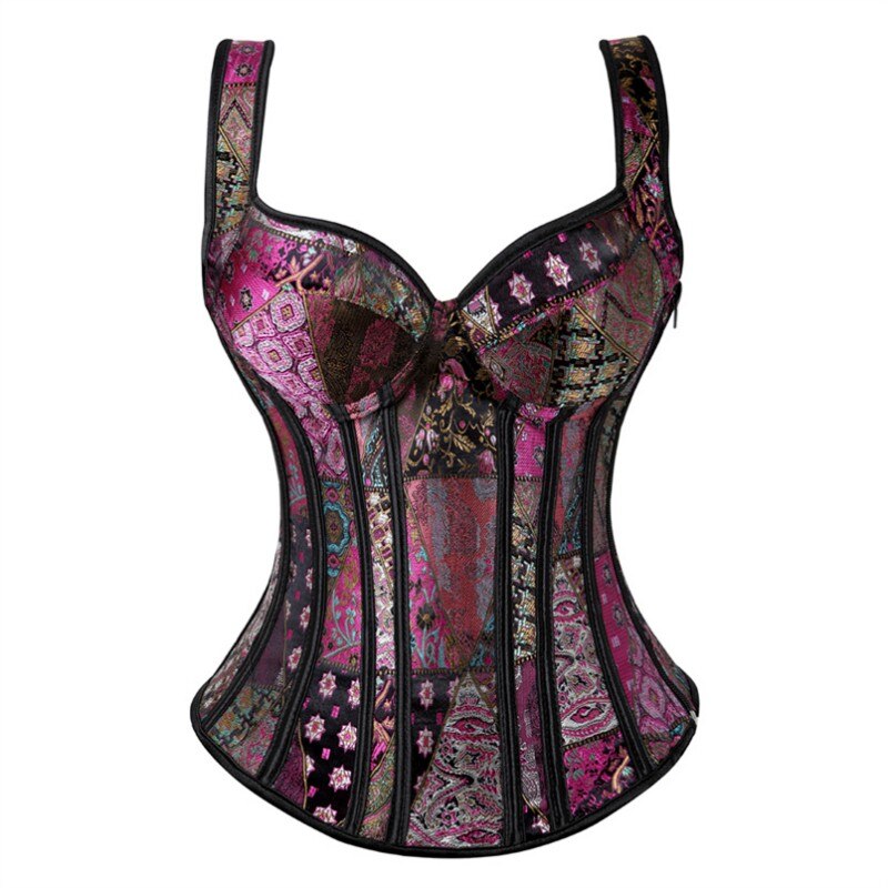 Große Größe Träger Vollbrustkorsett mit Cup-Reißverschluss, Sexy Jacquard Blumen-und Taillenkorsett