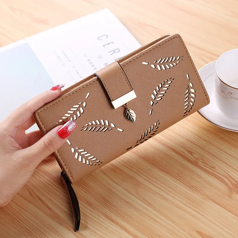 Ladies Fashion Wallet PU Leather Phone Purse Female Hollow Leaves Pouch Clutch Handbag For Women Coin Card Holders Long Wallets