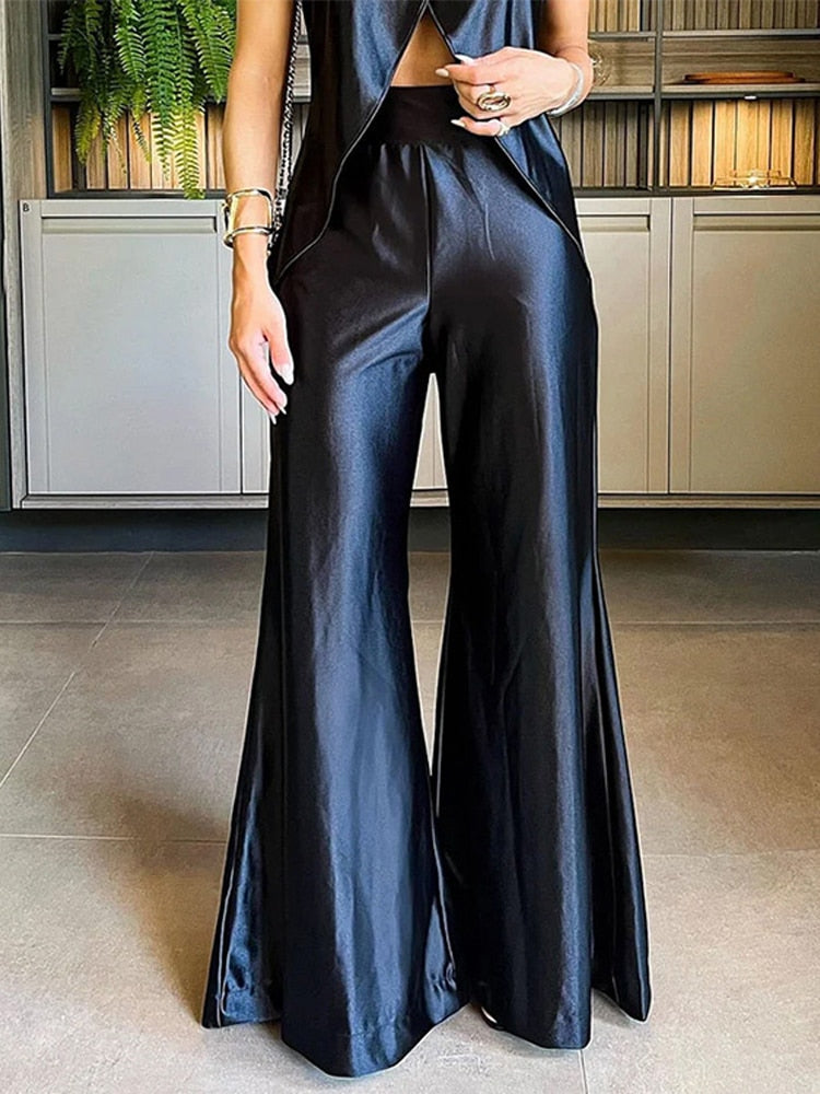 Mode hohe Taille Flare Hosen Set mit breiten Bein