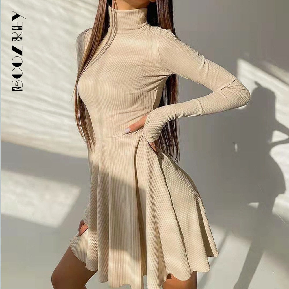 Elegante, solide Kleider für Damen, langärmelig, gestrickt, A-Linie, Faltenrock, lässig, Streetwear mit Rollkragen