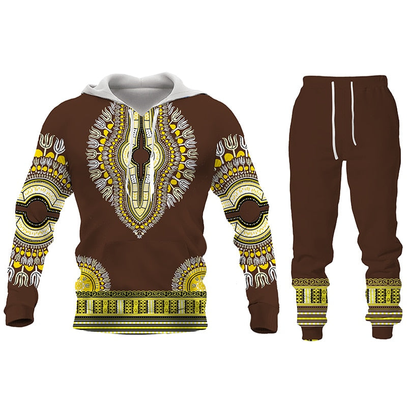 Herren 3D Druck Folk Hoodies Hosen, 2 Stück Sets Herren Freizeitanzug, Langarm Ethnischen Stil Afrikanische Kleidung