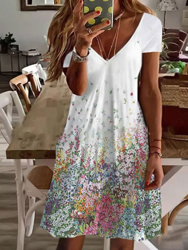 2023 Sommer Damen Mini Kleid mit V-ausschnitt, Kurzarm Kleid mit Sexy Blumen Druck