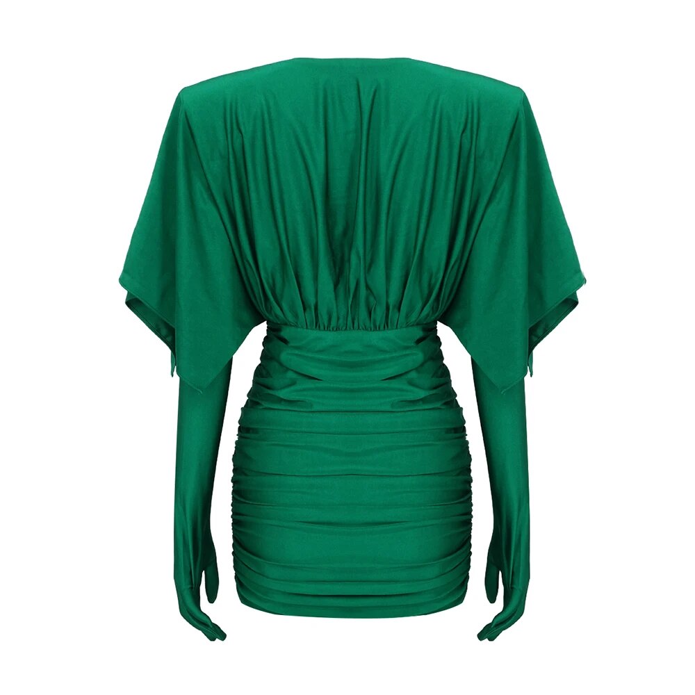 Fashion Streetwear Damenkleid für besondere Anlässe, sexy V-Ausschnitt, drapiertes Design, grünes, schlankes, dünnes Minikleid mit Handschuhen