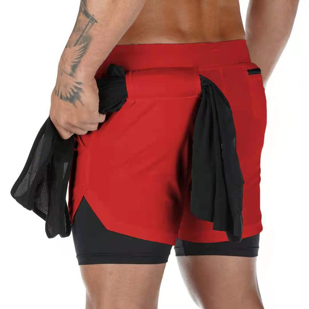 2 In 1 Doppel-deck Herren Laufshorts für Gym / Fitness, Training Jogging mit Handytasche