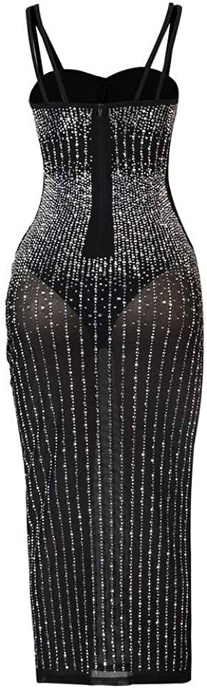 Damen Party Clubwear Mesh, durchsichtig Diamant Bodycon Sling Kleid