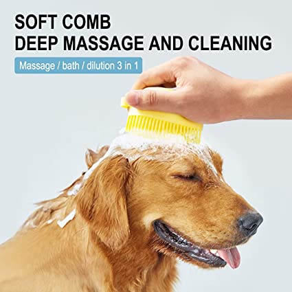 Badezimmer-Badebürste für Hunde, Massagehandschuhe, weicher Sicherheits-Silikonkamm mit Shampoo-Box, Haustierbürste
