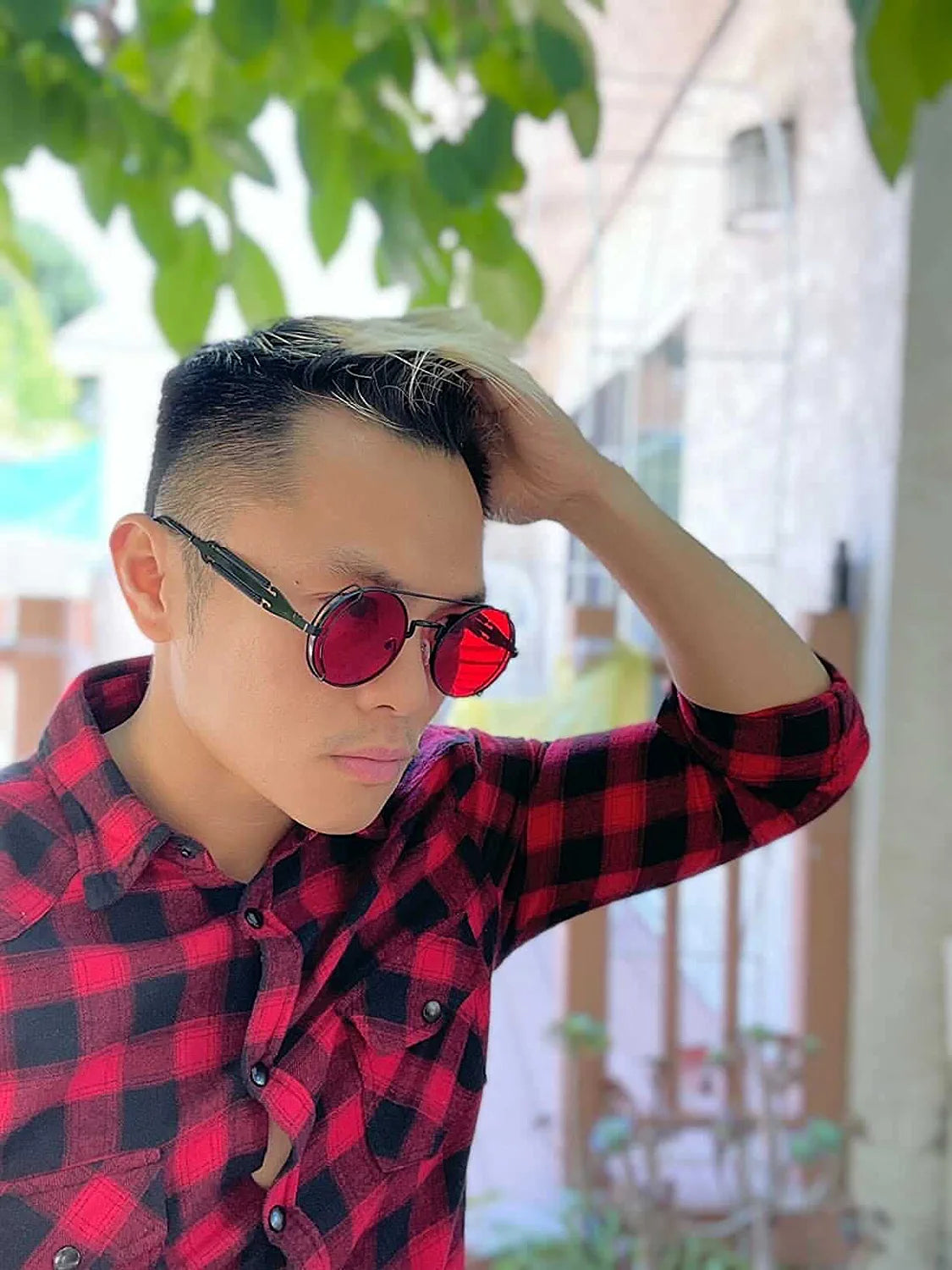 Retro Metall Runde Sonnenbrille für Männer & Frauen, Schwarz Rot Klare Linse mit UV400