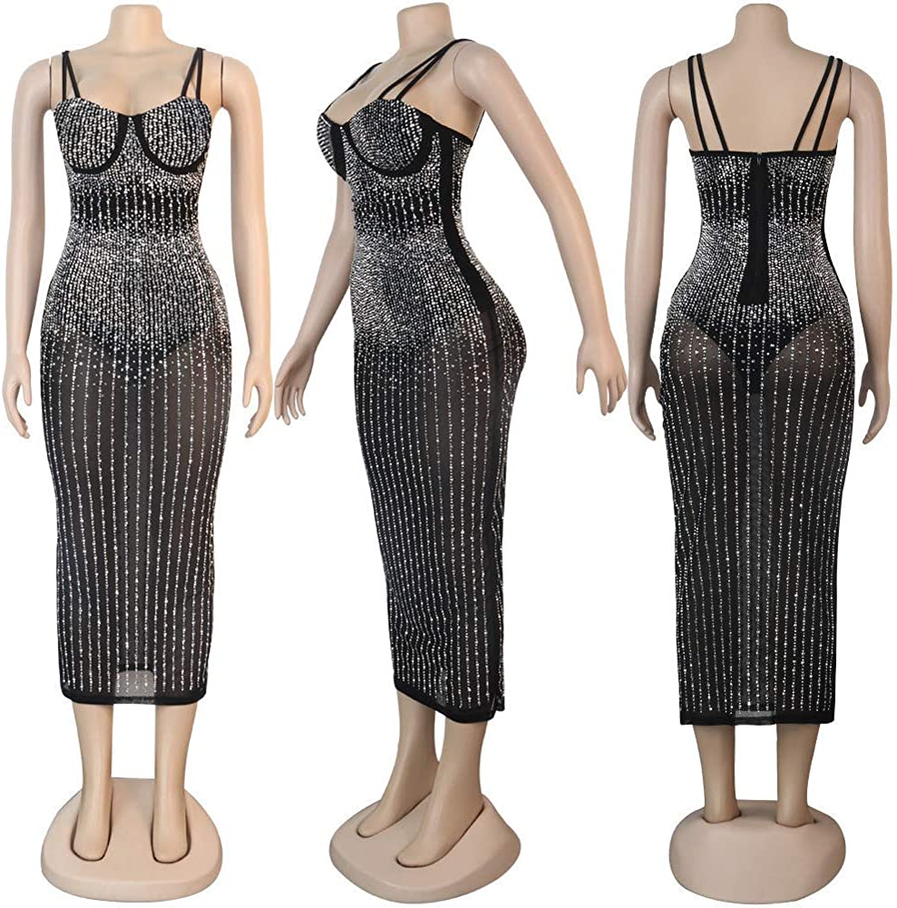 Damen Party Clubwear Mesh, durchsichtig Diamant Bodycon Sling Kleid
