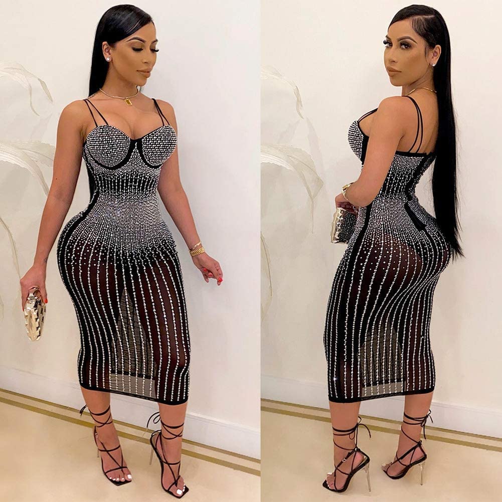 Damen Party Clubwear Mesh, durchsichtig Diamant Bodycon Sling Kleid
