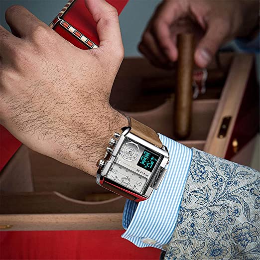 Männer Markensportuhren, 3 Zeitzone, Multifunktions Quarzuhr 24H Kalender Lederarmband